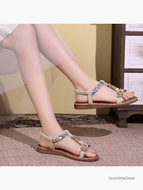 Amazon.com: EMRELOD Sandals for Women Dressy Summer Flat  Bohemian Flat Sandals T-Strap Open Toe with Flower Beaded Casual Elastic Strap